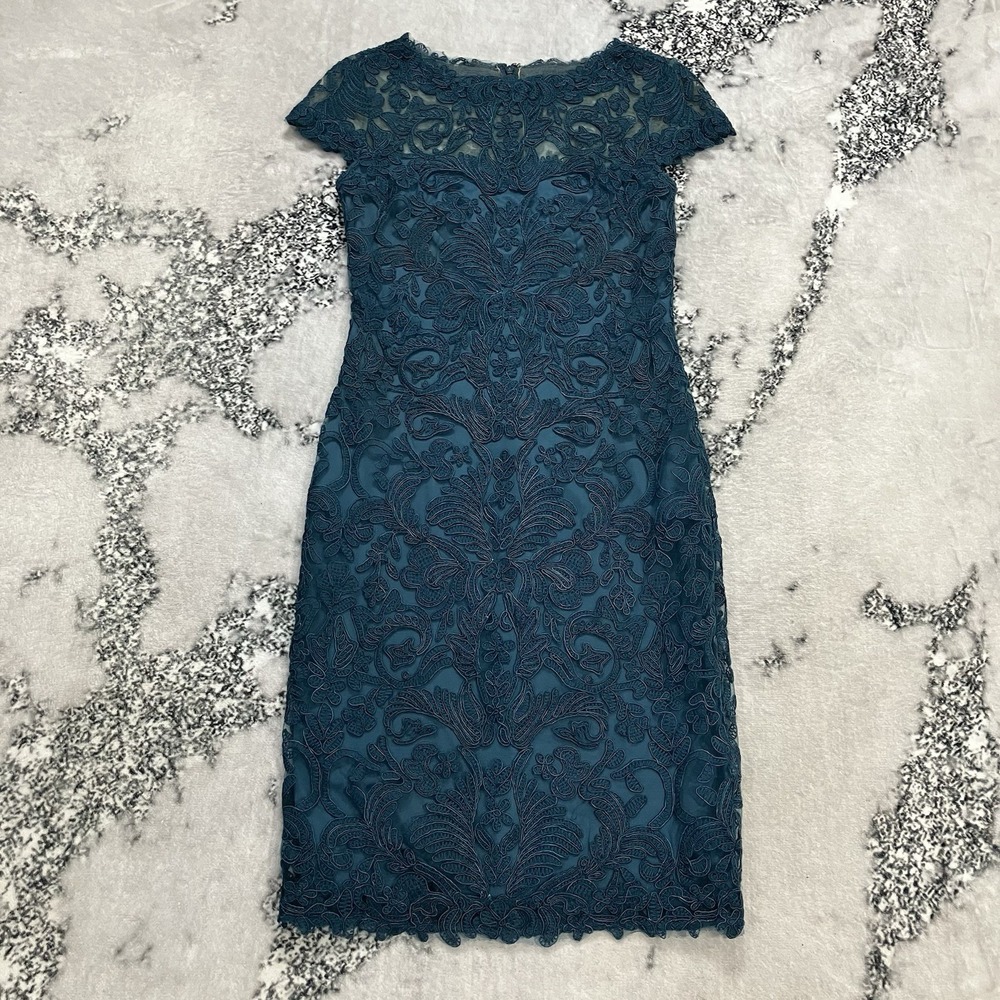 Tadashi Shoji Teal Lace Cocktail Dress Sheer Neckline Sheath Size‎ 4